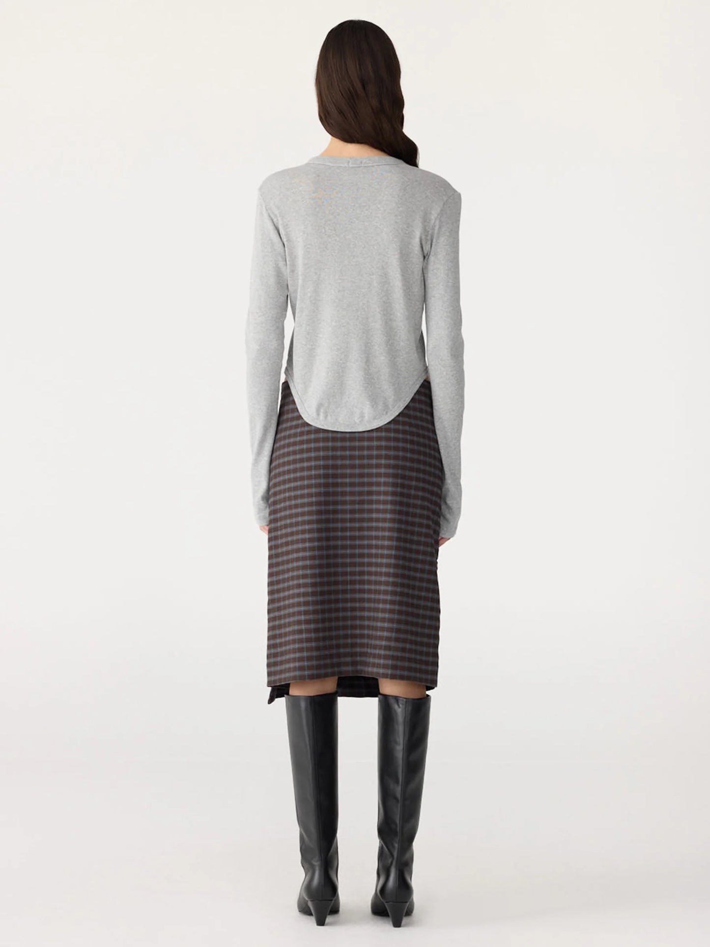 Bassike Scoop Hem Placket T-Shirt - GREYMARL/CHECK