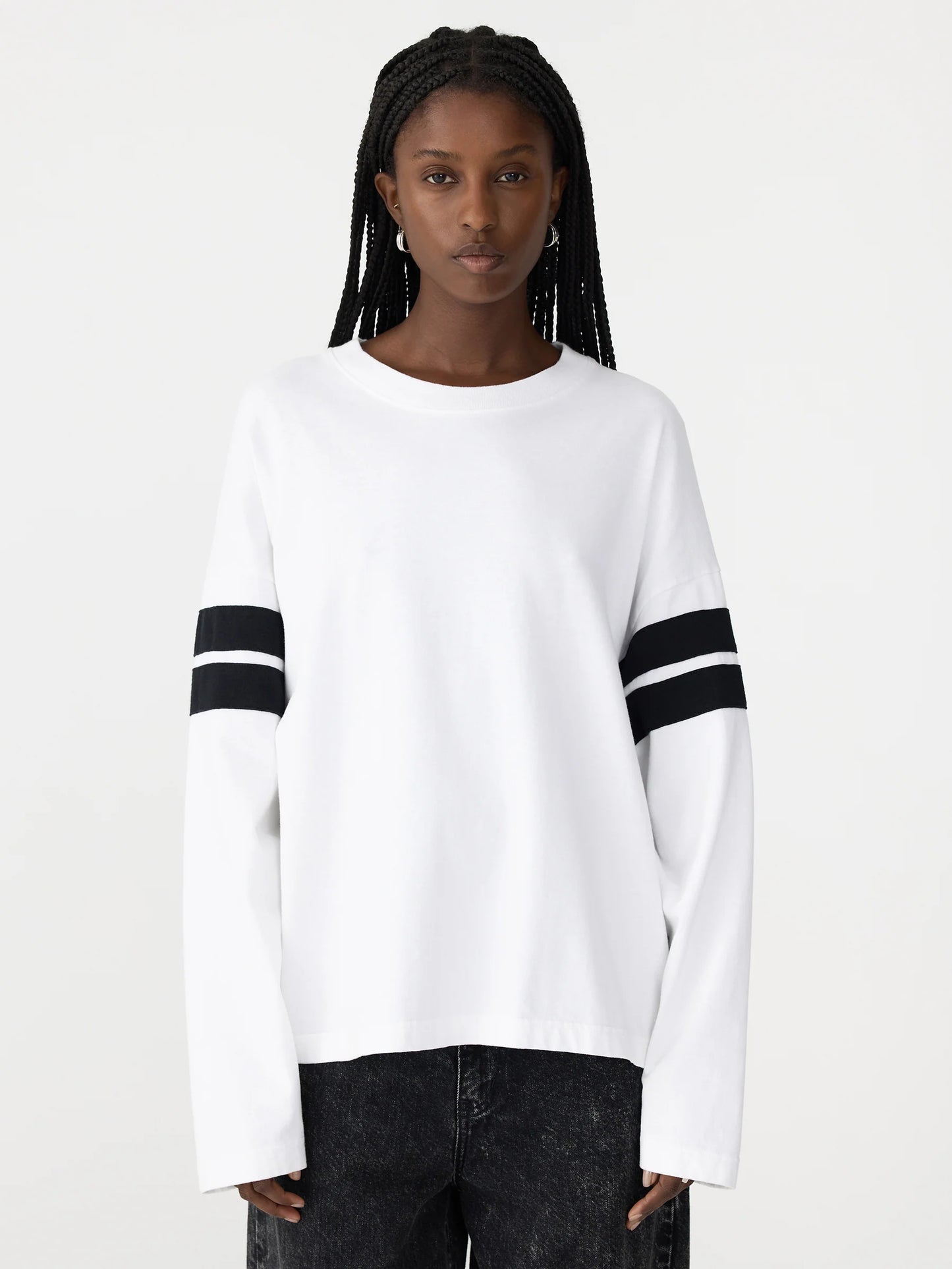 Bassike Boxy Rib Insert L/S - WHITE/BLACK