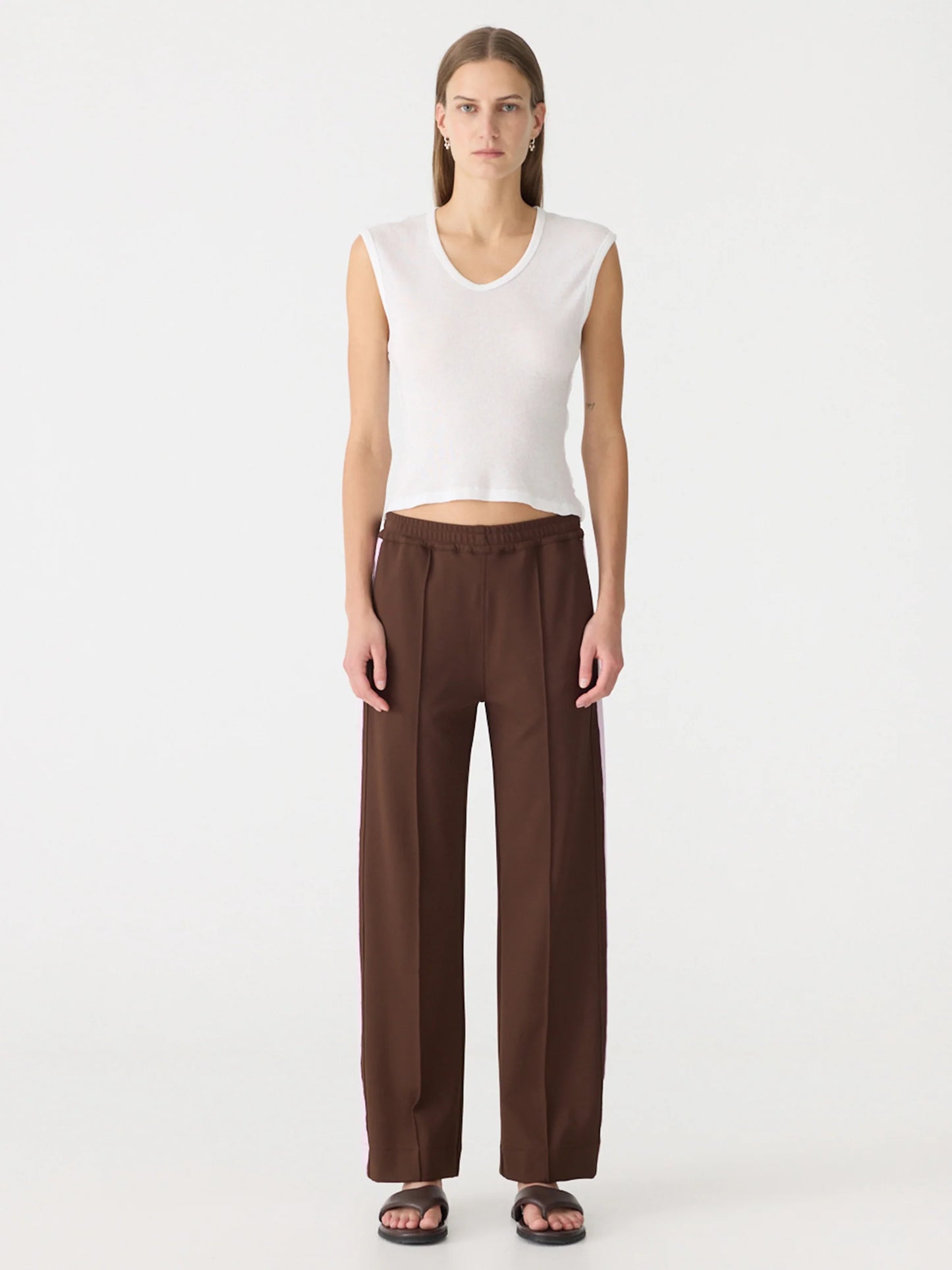 BASSIKE PIQUE STRIPE DETAIL PANT - CAROB/PALE PINK