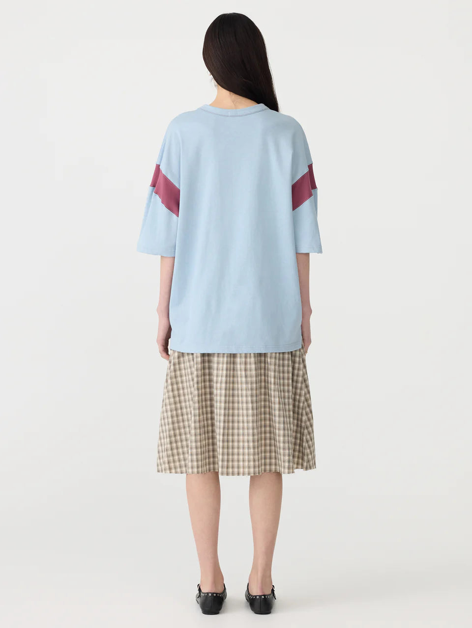 Bassike O/S Rib Detail T-Shirt - Pale Blue/Burgundy
