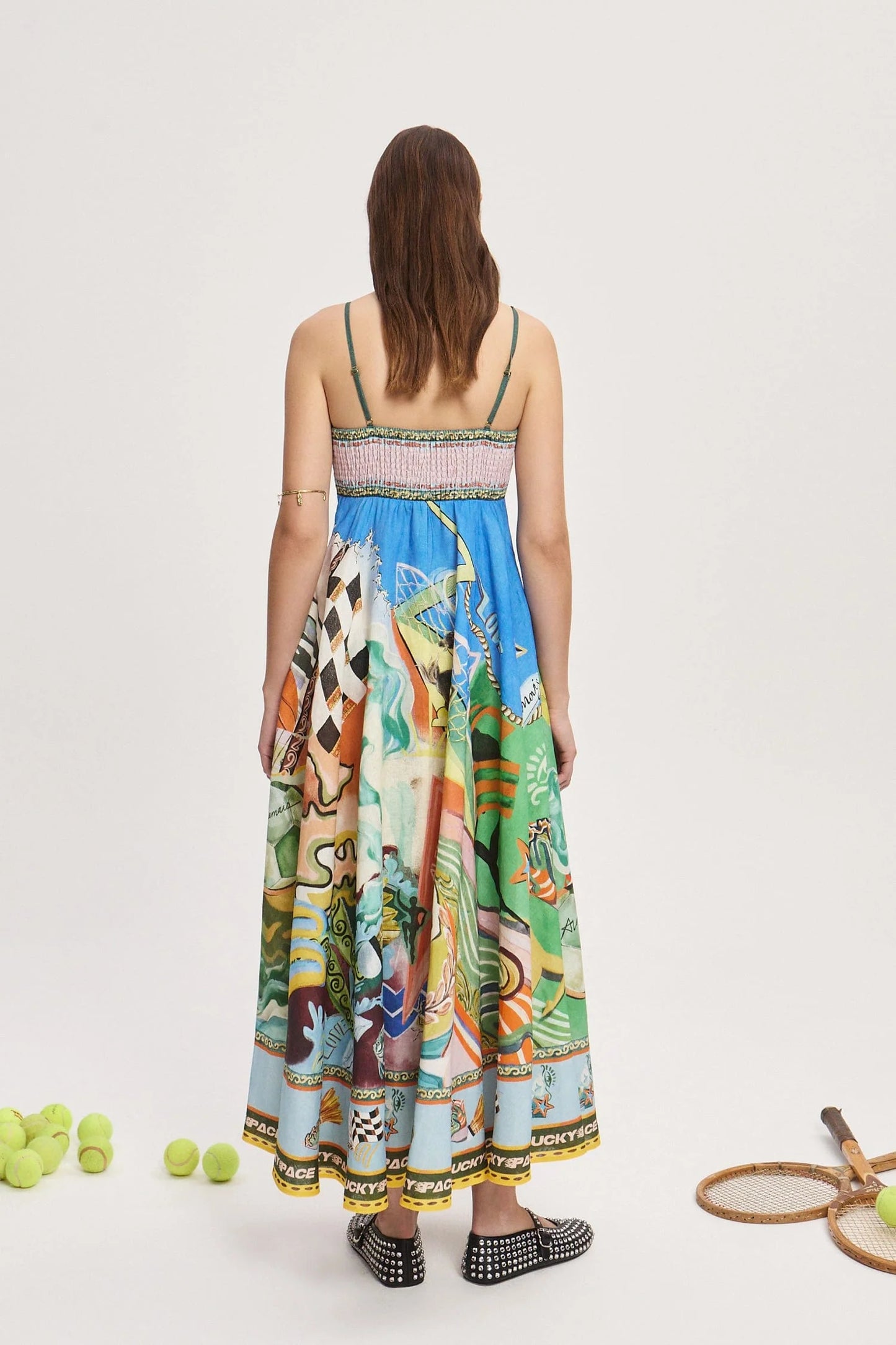 Back view showing shirred panel on linen sundress – Alémais Lucky Pace