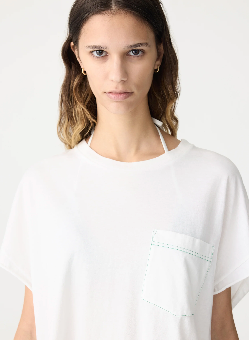 Boxy Pocket Detail SS Tee in White / Aloe Vera