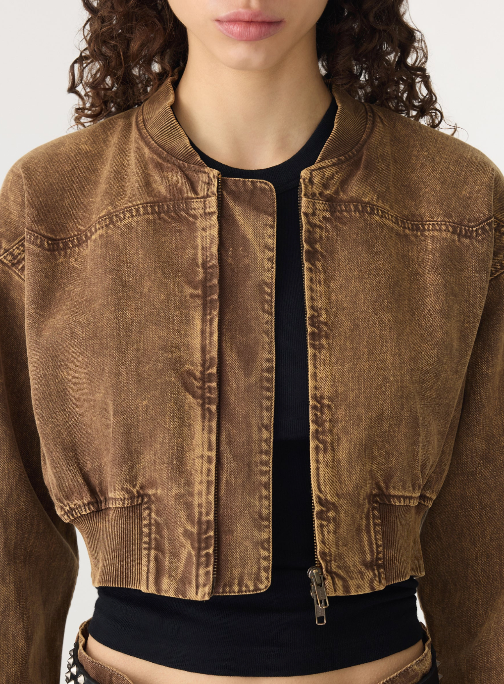 Motley Bomber Denim Jacket in Caramel Motley