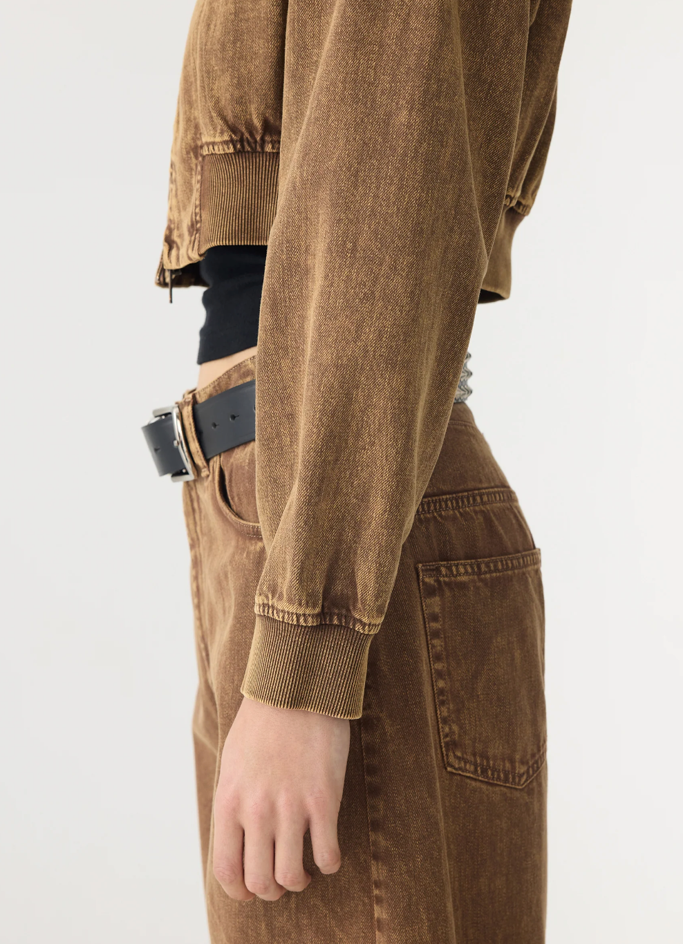 Motley Bomber Denim Jacket in Caramel Motley