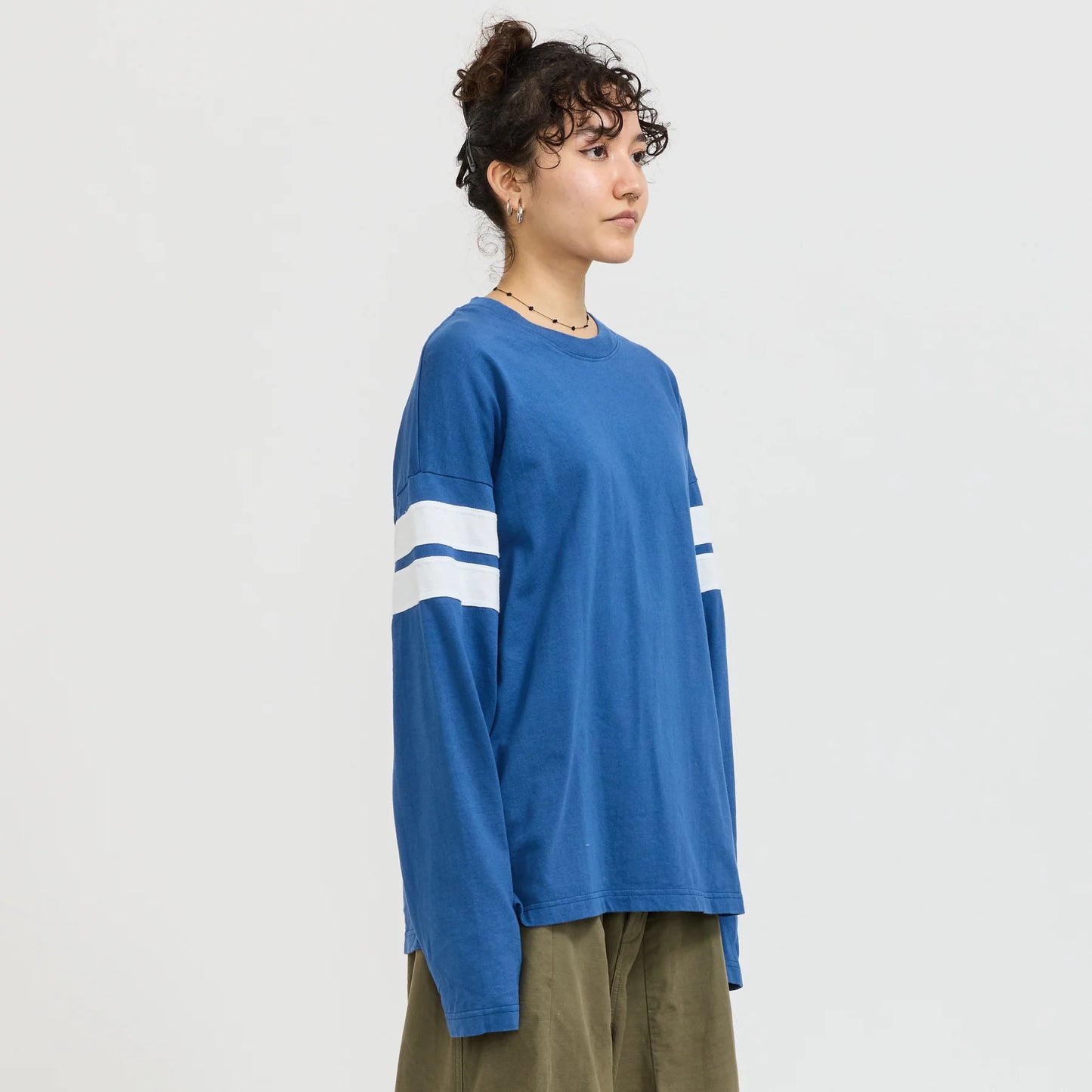 Boxy Rib Insert Long Sleeve Tee – Marine Blue / White