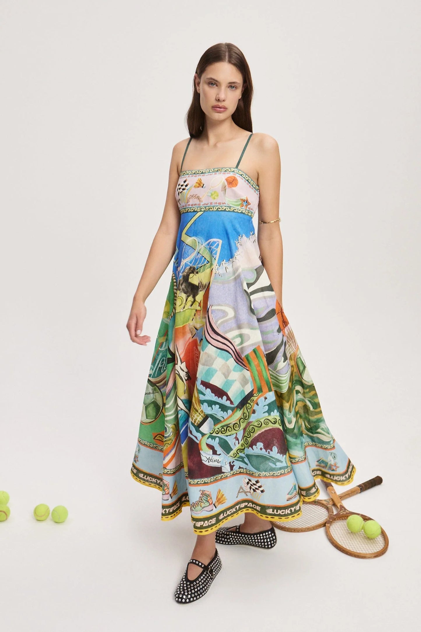 Front view of Lucky Pace linen midi sundress by Alémais with adjustable straps
