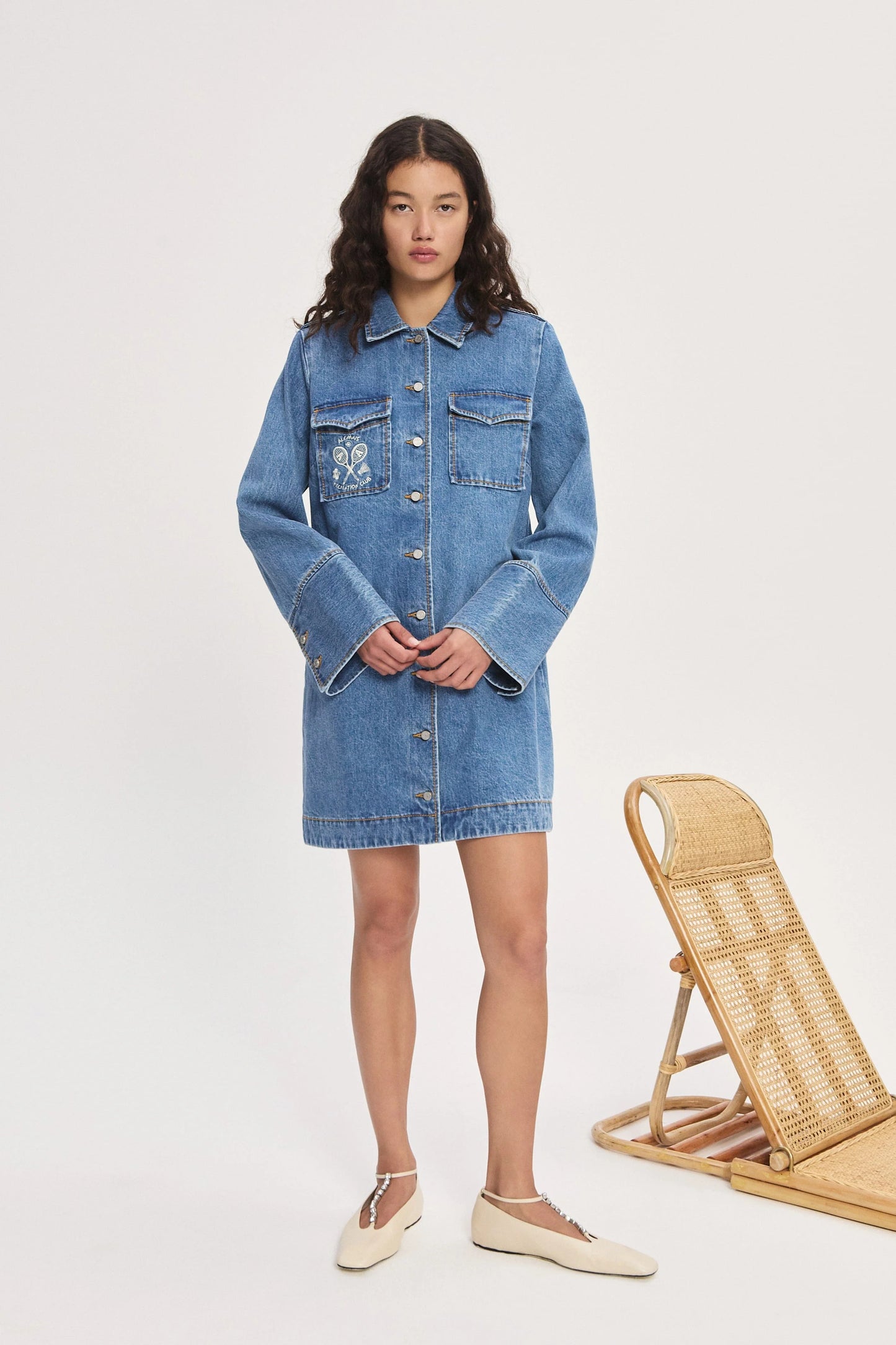 Front view of Stephi denim mini dress by Alémais with embroidery and metal buttons