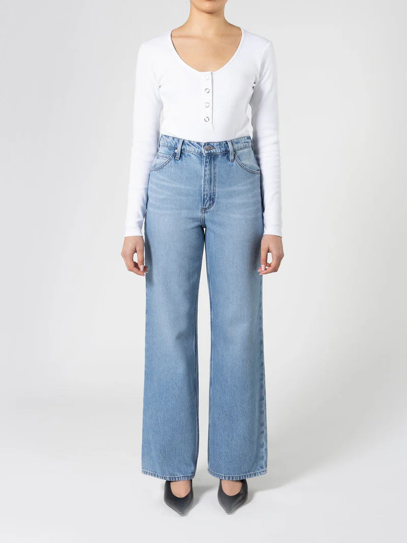Front view of Grace Jean in Eternal wash by Nobody Denim – wide leg silhouette