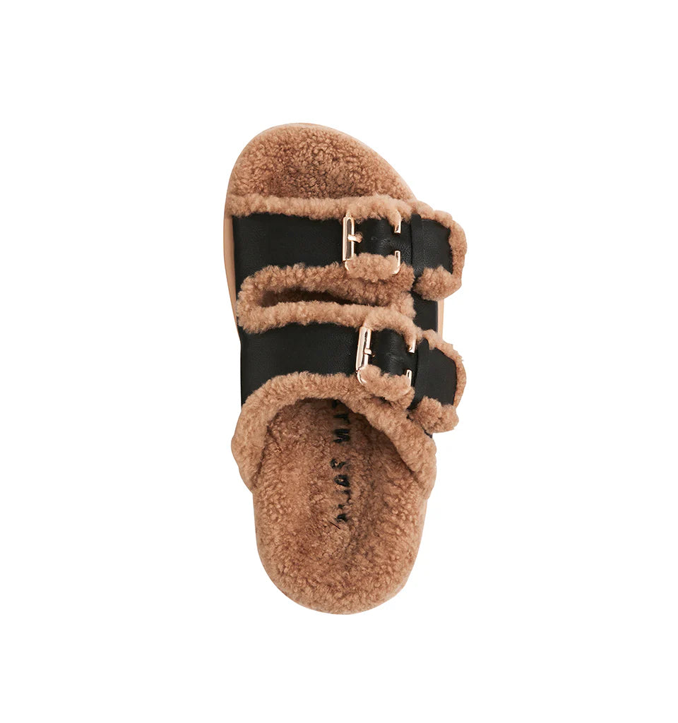Top view of Alias Mae Saint Slide in black leather with shearling lining