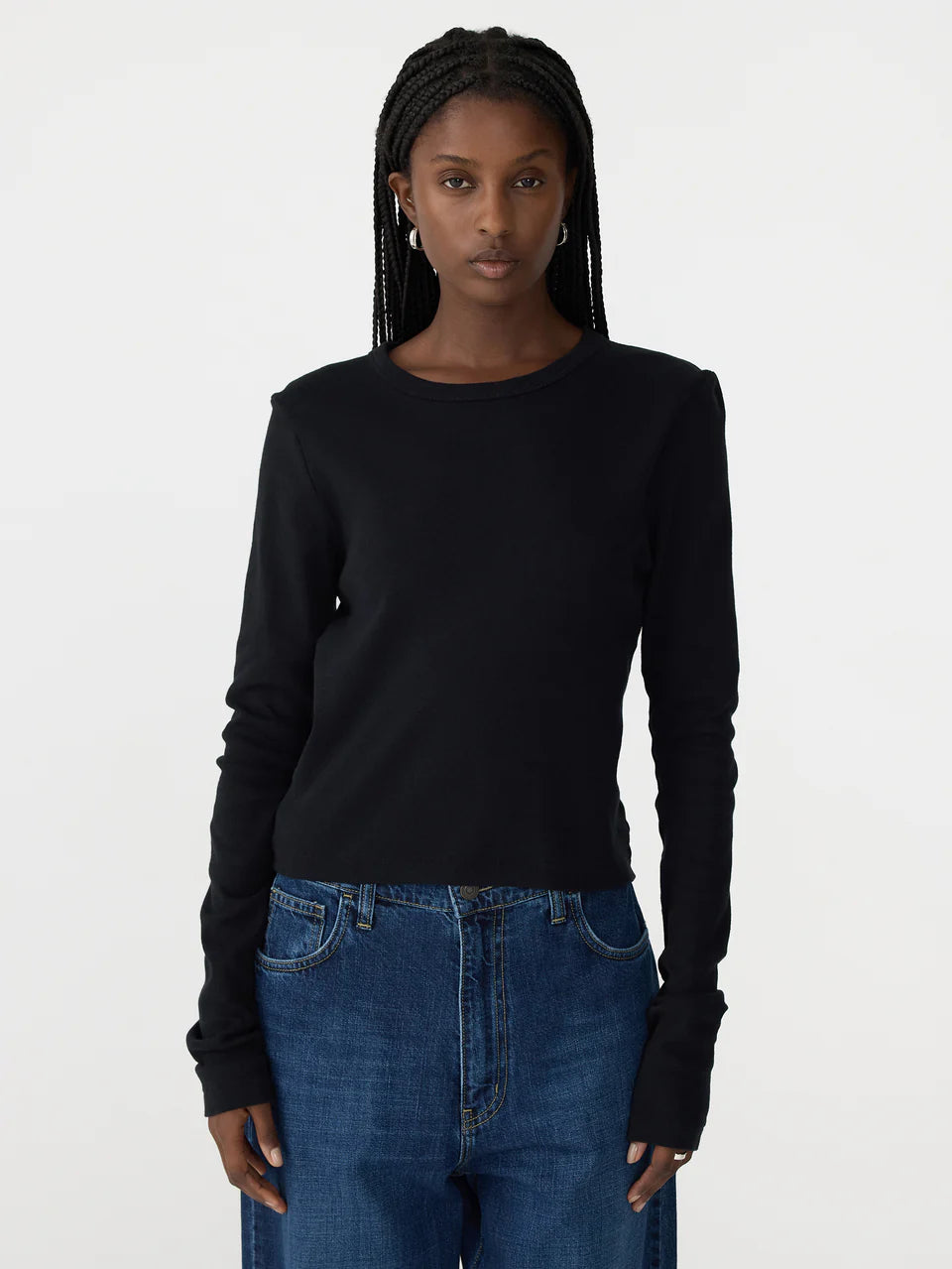Front view of Bassike Slim Fit Long Sleeve Baby Tee in organic cotton rib