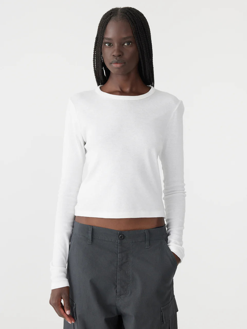 Front view of Bassike Slim Fit Long Sleeve Baby Tee in organic cotton rib