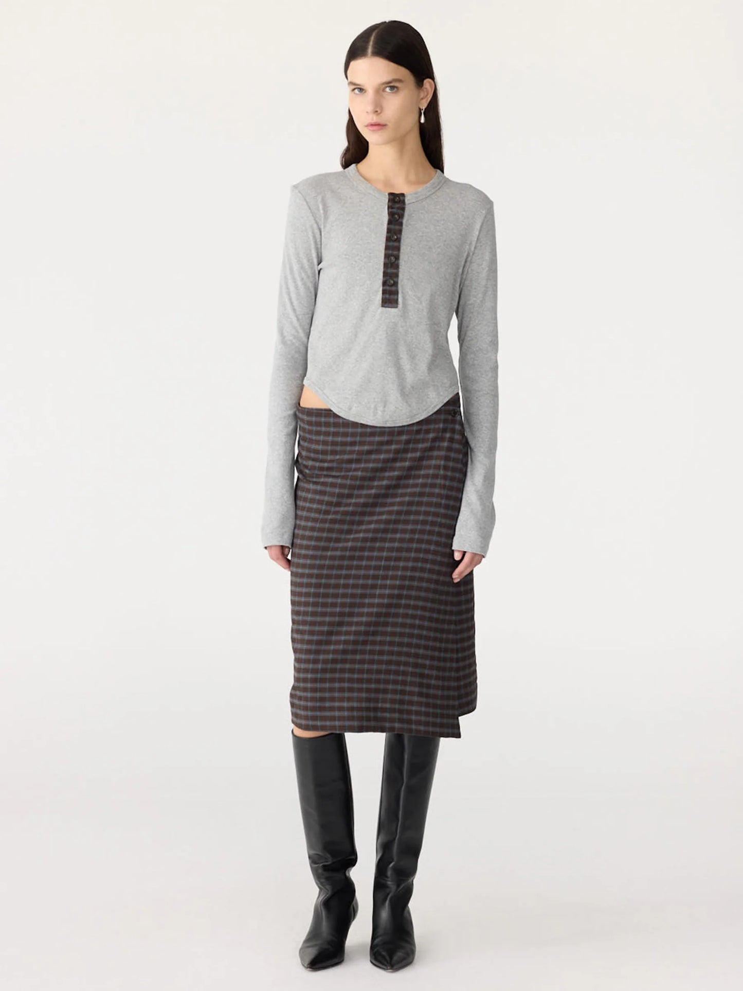 Bassike Scoop Hem Placket T-Shirt - GREYMARL/CHECK