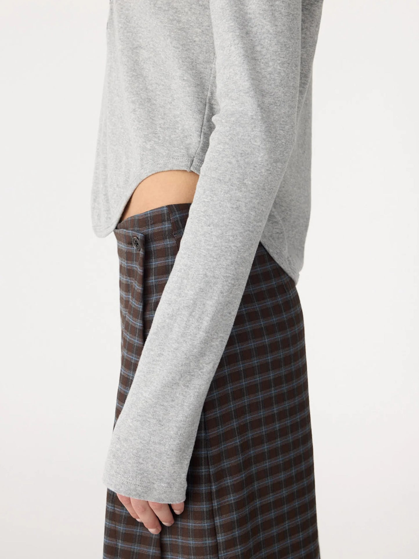 Bassike Scoop Hem Placket T-Shirt - GREYMARL/CHECK