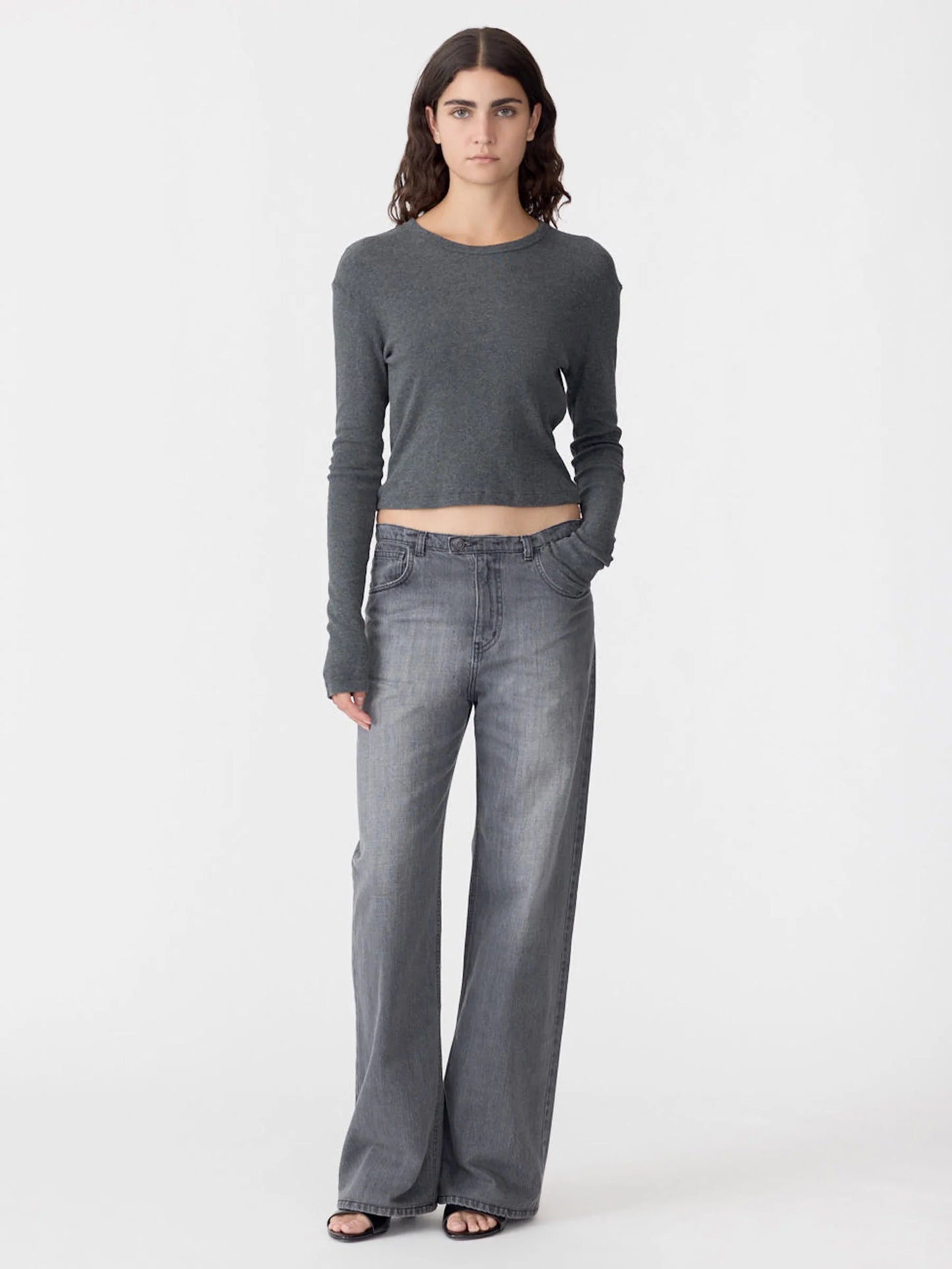 Bassike Slim Fit Rib L/S Baby T-Shirt - Charcoal Marl