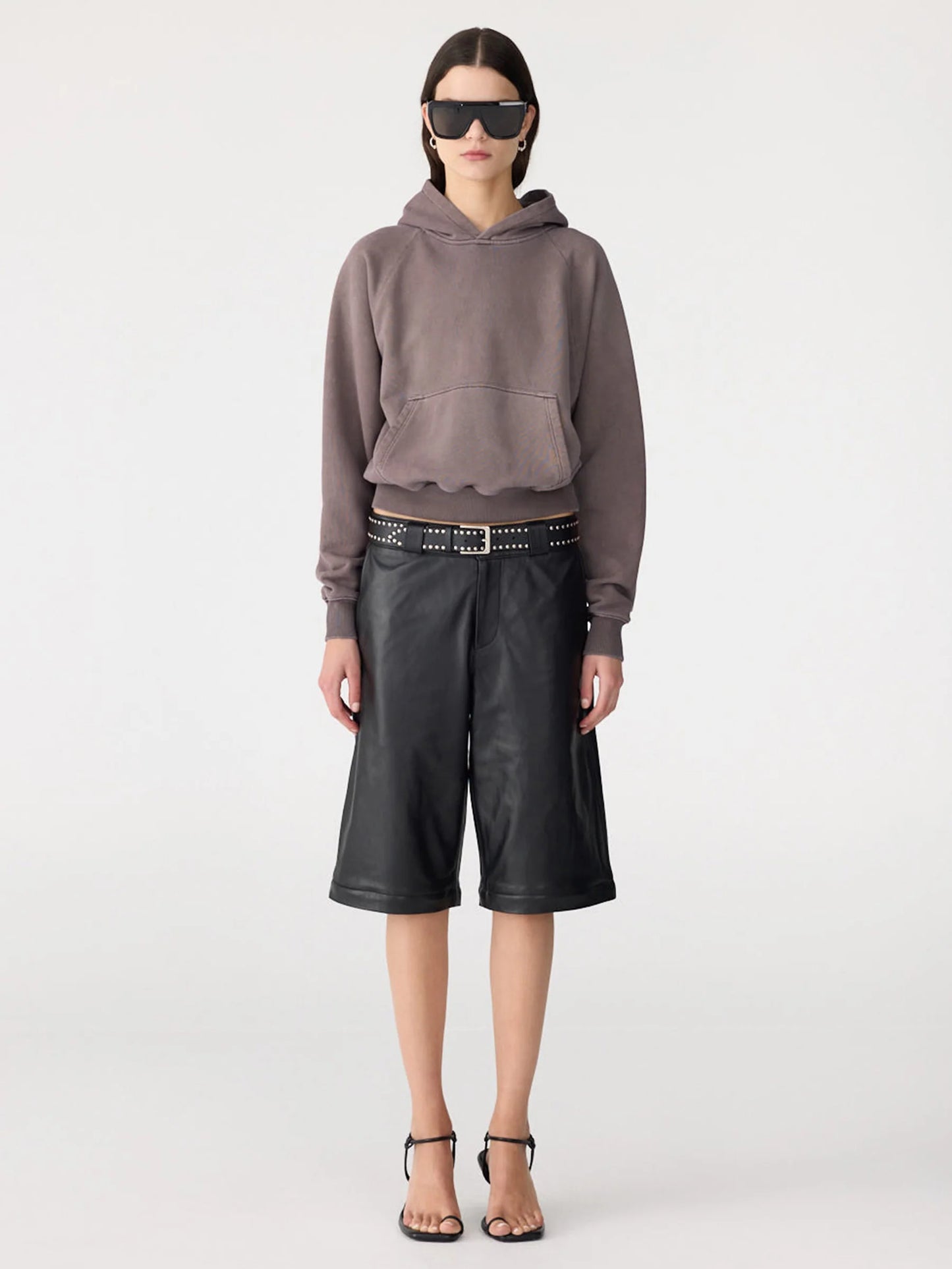 Bassike Fleece Cropped Hoodie - Washed Carob