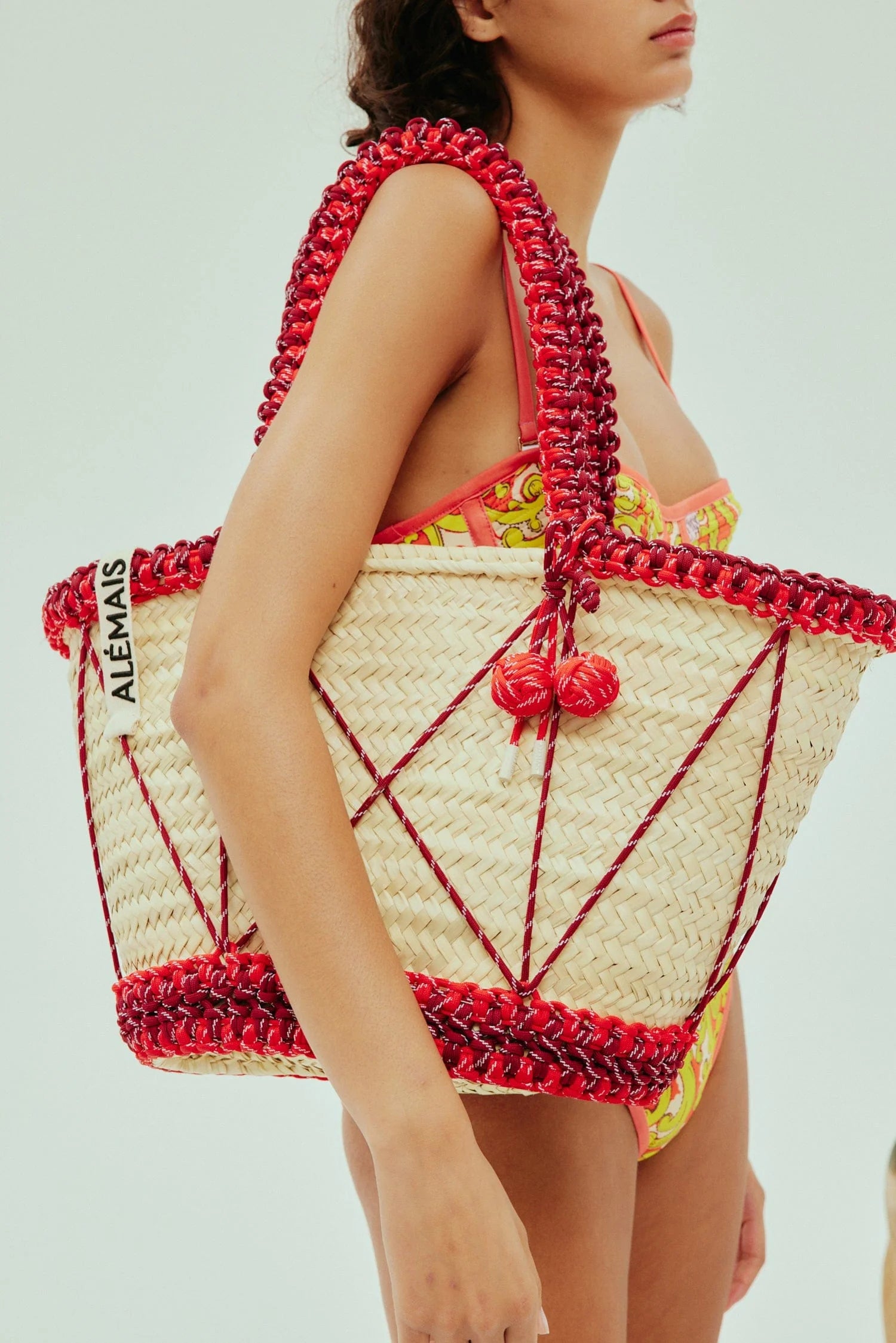 Detail of macramé handle and edging on oversized basket bag – Alémais Lalo