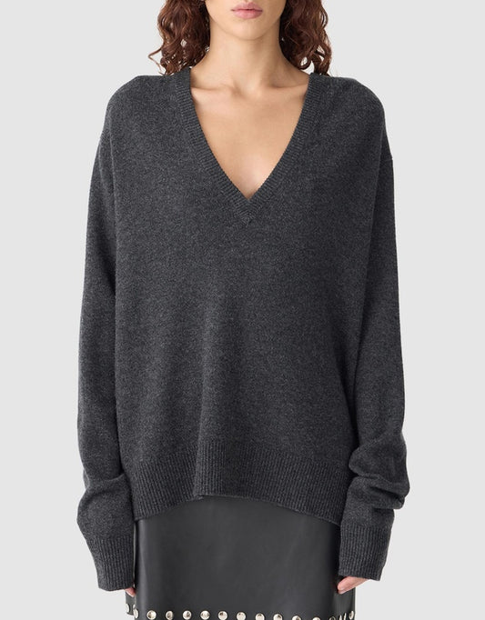 Bassike – Low V‑Neck Slouch Knit Jumper in Dark Charcoal