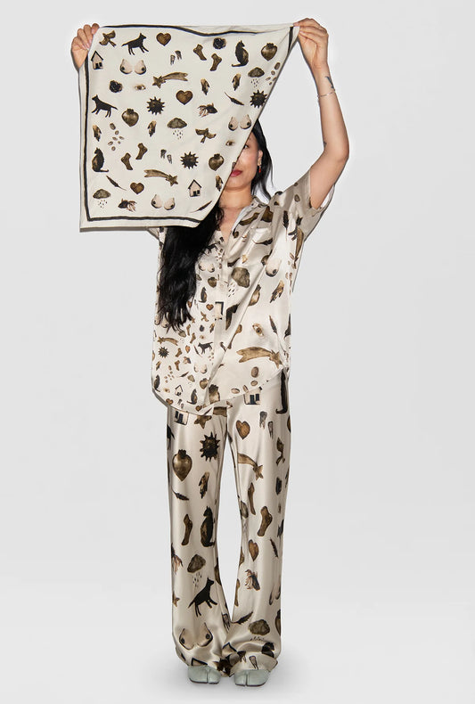 Front view of glossy silk bias cut pants in Miracles Hazelnut by Silk Laundry