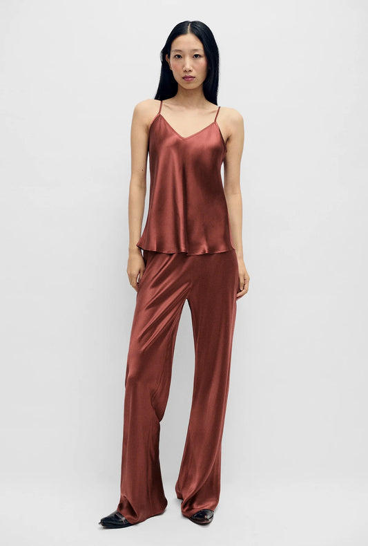 Front view of glossy silk bias cut pant in Canyon by Silk Laundry