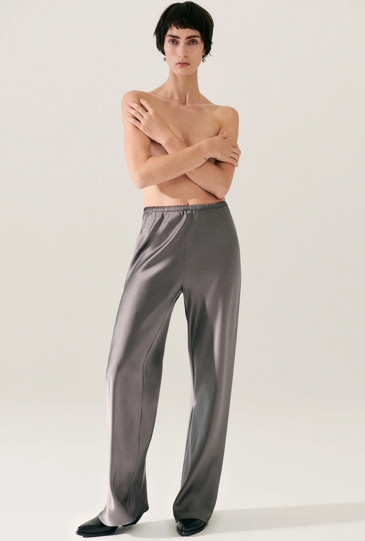 Front view of glossy silk bias cut pant by Silk Laundry with elasticated waistband
