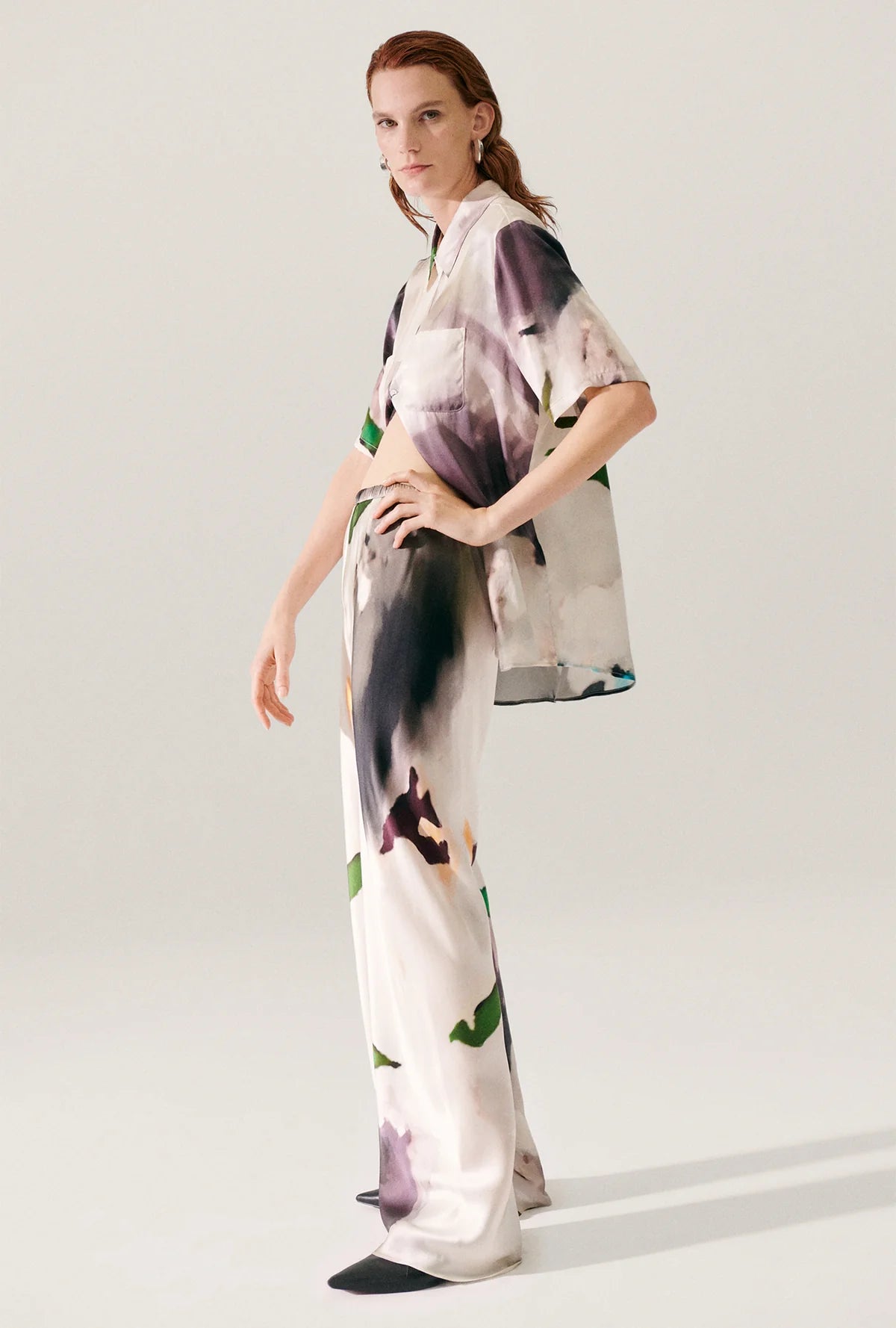 Side profile showing fluid drape and sheen – Silk Laundry Bias Pant