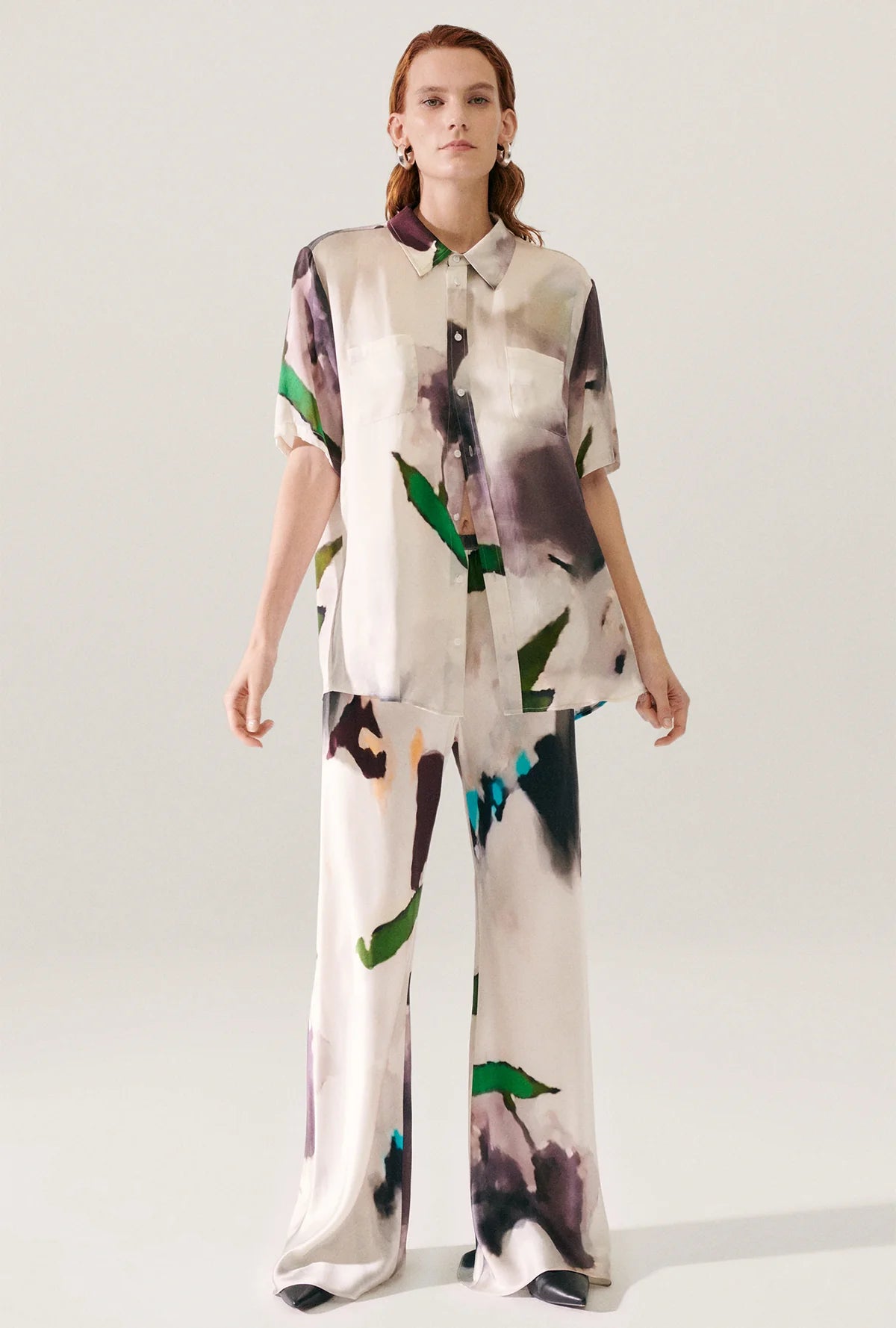Front view of glossy silk bias cut pant by Silk Laundry with elasticated waistband