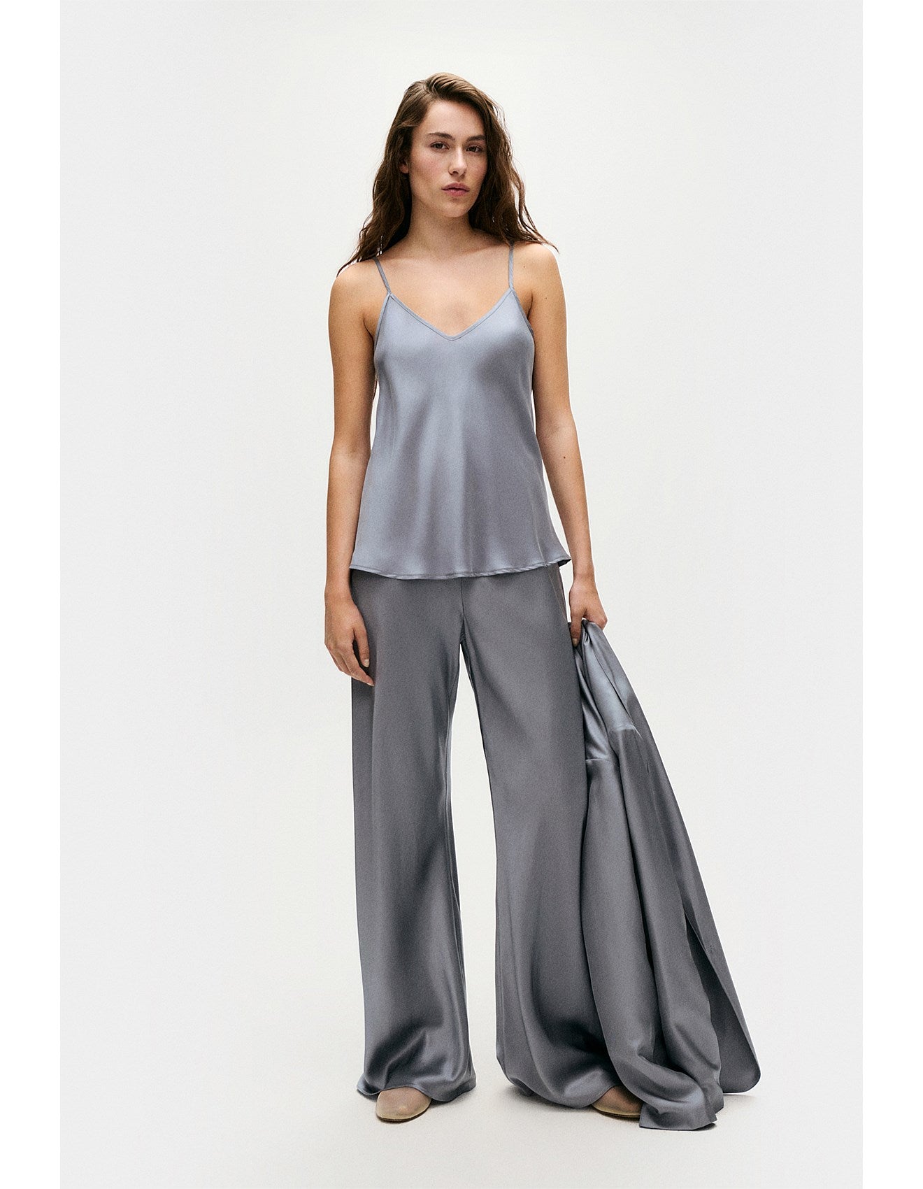 Front view of glossy silk bias cut pant by Silk Laundry with elasticated waistband