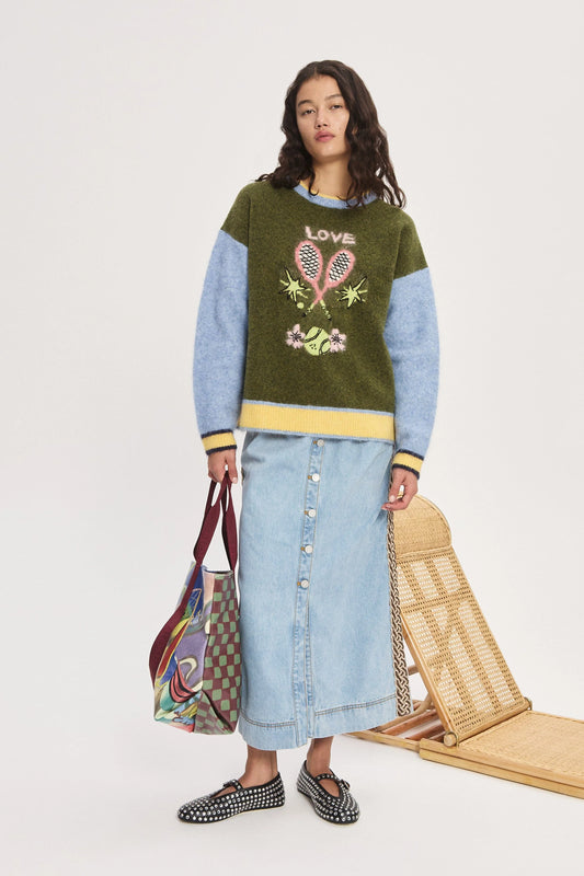 Front view of Anouk Tennis Sweater by Alémais with artwork by Anouk Colantoni