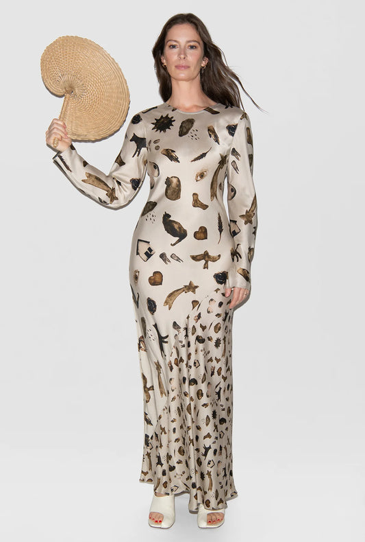 Front view of Full Sleeve Bias Silk Dress in Miracles Hazelnut by Silk Laundry