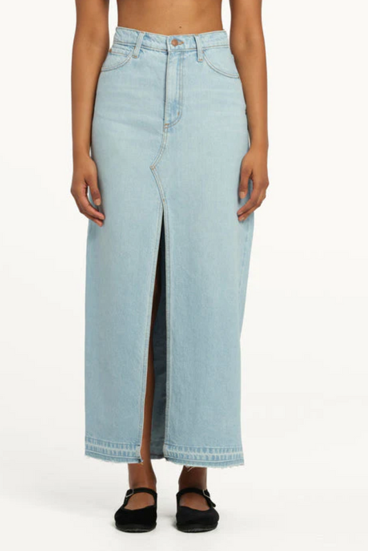 Front view of Roxanne Skirt in Soft Sky – light blue maxi denim with front split