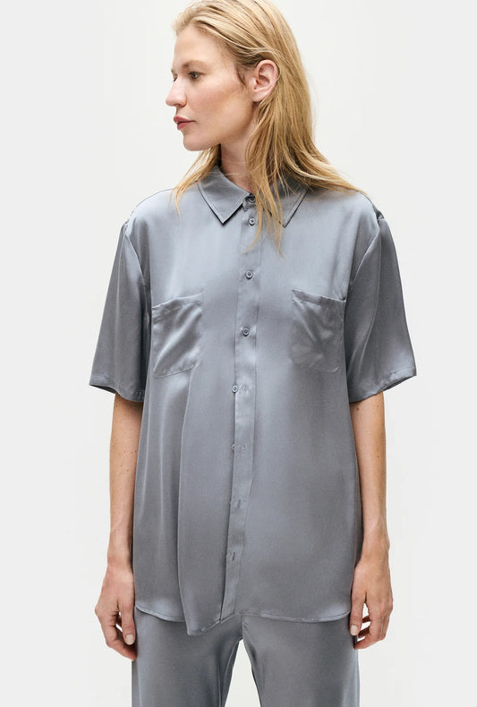 Front view of Short Sleeve Silk Boyfriend Shirt in Storm by Silk Laundry