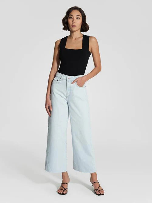 Front view of Skylar Jean Ankle in Glimmer by Nobody Denim with wide leg and raw hem