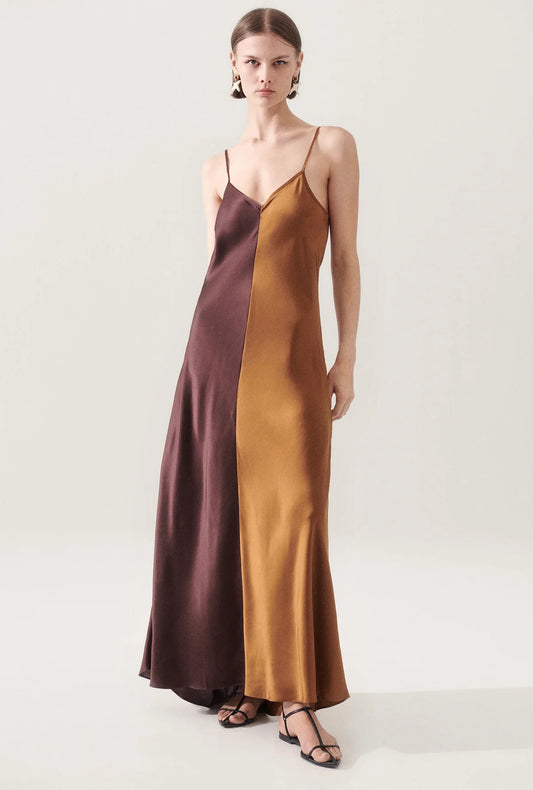 Front view of Two-Tone Silk Bias Cut Dress in Cacao/Van Dyke by Silk Laundry