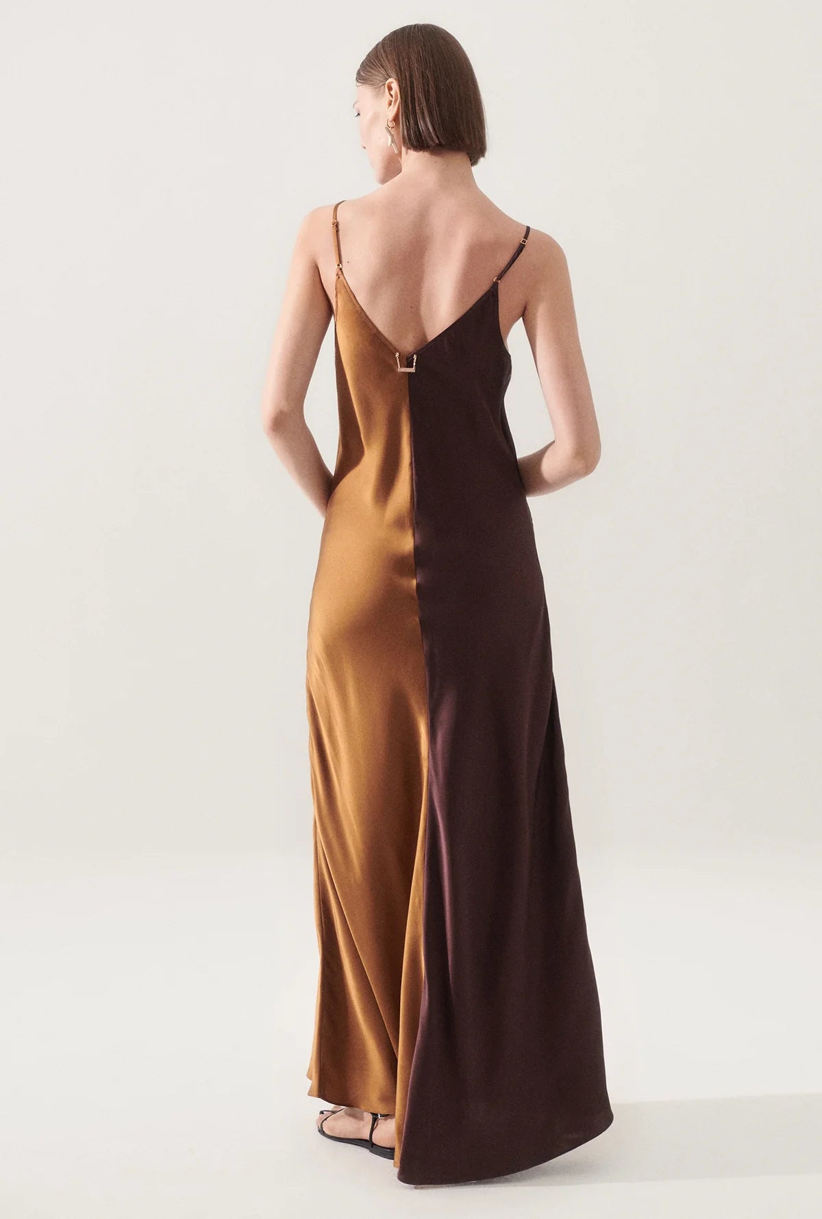 Back view of Two-Tone Silk Bias Cut Dress in Cacao/Van Dyke by Silk Laundry