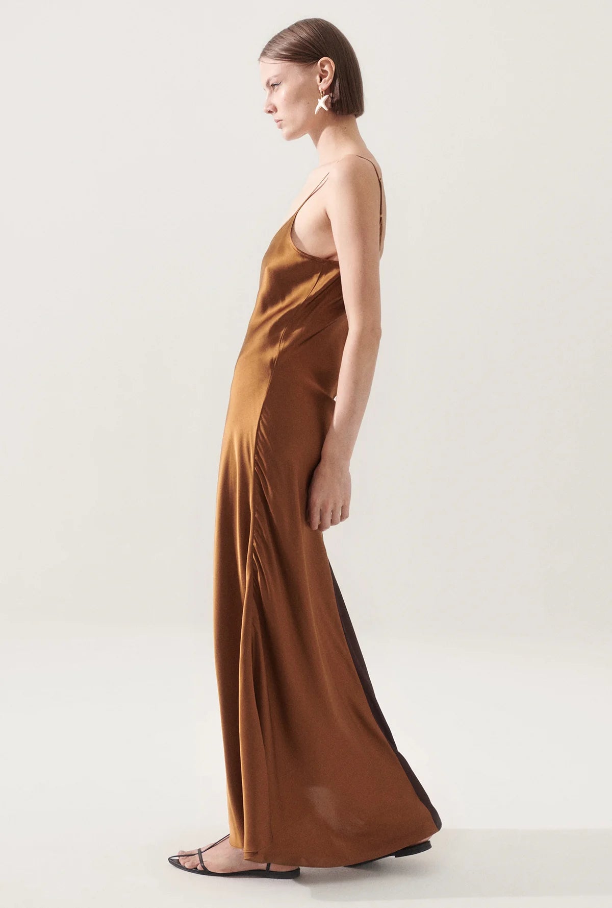Side profile showing bias cut drape and matte silk finish – Silk Laundry